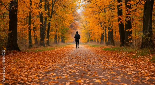 Obraz runner,  running,  jog, Runner in Autumnal Forest Path
