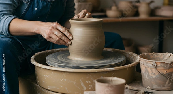 Obraz pottery,  wheel,  potter, Potter Shaping Clay on a Pottery Wheel