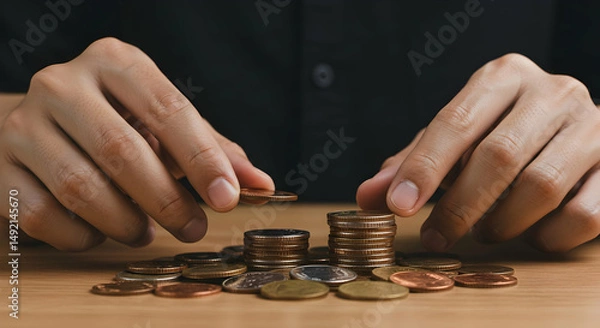 Obraz coins,  money,  stacking, Hands Stacking Coins, Financial Growth Concept