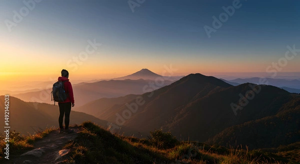 Obraz hiker,  backpacking,  backpacker, Hiker on mountain top at sunset