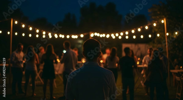 Obraz man,  back view,  silhouette, Man at a Nighttime Outdoor Gathering