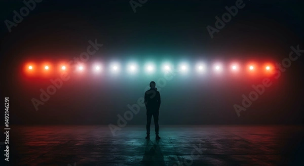 Obraz silhouette,  person,  man, Silhouetted Figure in Foggy Industrial Setting with Neon Lights
