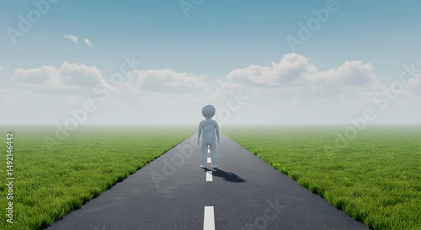 Obraz 3D rendering,  figurine,  figure, Figurine standing on a road leading to a grassy field