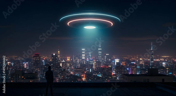 Obraz ufo,  unidentified flying object,  alien, Man Silhouetted Against City Skyline with UFO Overhead