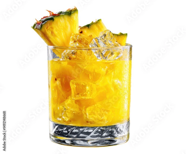 Obraz Tropical pineapple cocktail with ice and fresh fruit garnish on a transparent background, cut out
