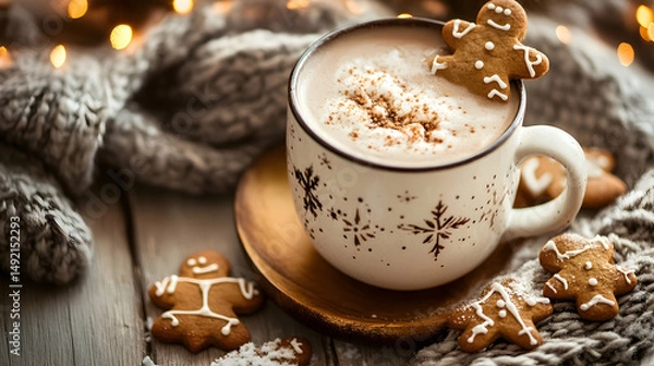 Obraz Cozy winter scene featuring a festive cup of hot cocoa with gingerbread cookies