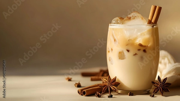 Obraz Creamy iced chai latte with cinnamon sticks and star anise, set against a soft beige backdrop