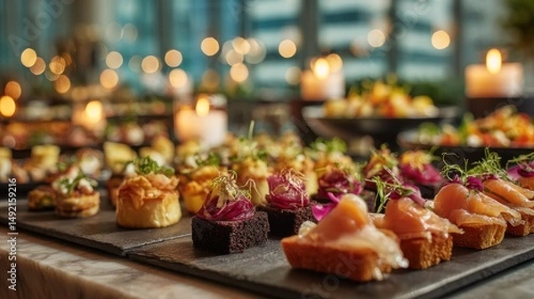Fototapeta Delicious appetizers displayed on slate trays
