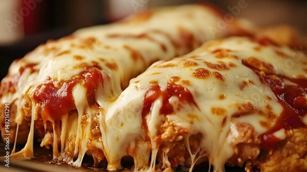Obraz Crispy chicken parmesan covered in melted cheese and rich tomato sauce