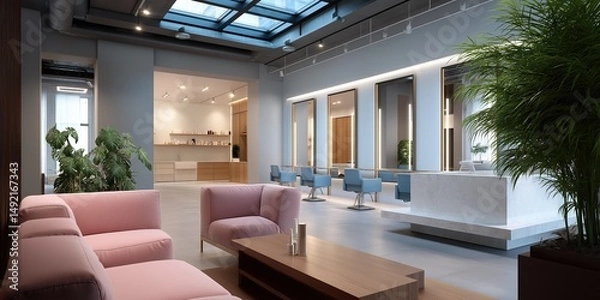 Fototapeta A salon with a pink couch and a potted plant. The salon has a modern and inviting atmosphere