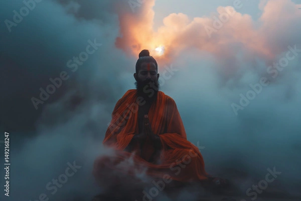Obraz A spiritual guru meditates peacefully amidst the clouds at sunset, evoking a sense of calm. Generative AI