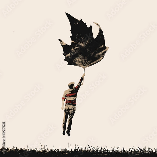 Obraz man flying with a leaf, autumnal surreal concept
