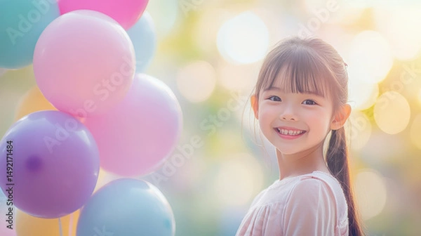 Obraz Sunny park birthday party scene with a happy smiling girl surrounded by colorful balloons, space for adding child's name and titles, suitable for Children's Day, featuring soft bokeh tones, blurred ba