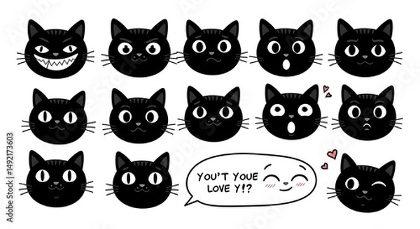 Fototapeta Black Cat Moods: A Feline Expression Chart AI Generated