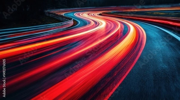 Obraz Night race track, speeding car light trails, forest backdrop, motorsport advertisement