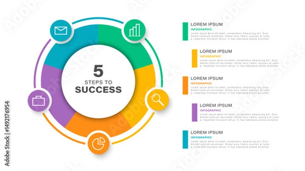 Fototapeta Pie chart infographic template. Five equal parts with icons and data