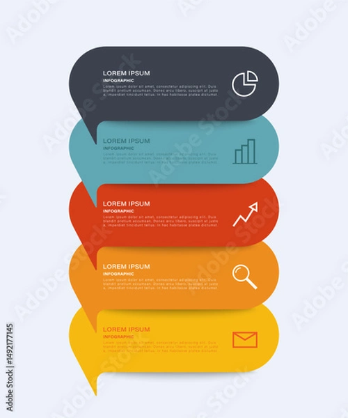 Fototapeta Speech bubble vertical vector infographic template. Five steps or processes with text and business icons