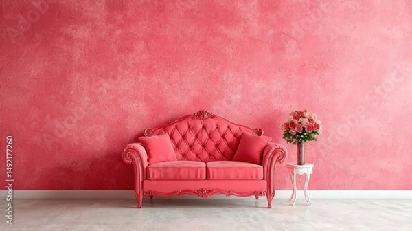 Fototapeta A pink couch with a vase of flowers on a small table.