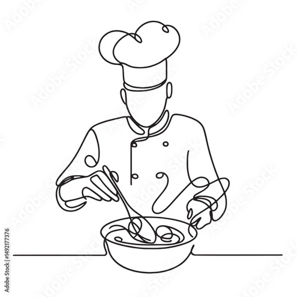 Fototapeta Vector chef with a pan . simple continuous one line drawing