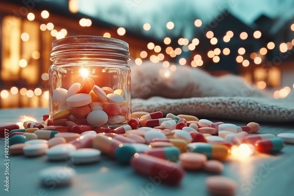 Obraz Brightly colored candies spill from a glass jar surrounded by warm lights in a cozy atmosphere during a twilight gathering Generative AI