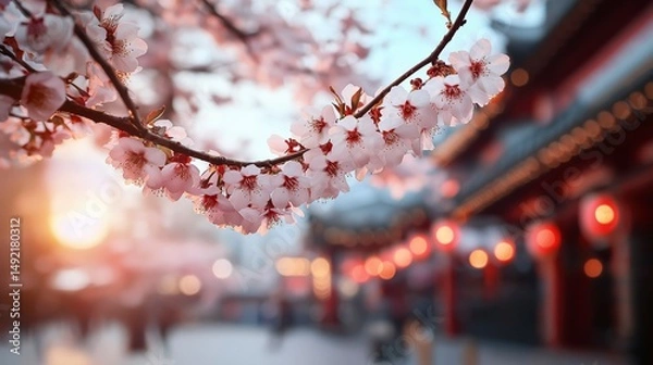 Obraz Cherry blossoms bloom at dusk, casting a soft glow over ancient streets filled with lanterns and tranquility in a bustling town Generative AI