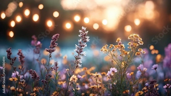 Obraz Colorful wildflowers bloom under warm, glowing lights during enchanting twilight moments in a serene outdoor setting Generative AI