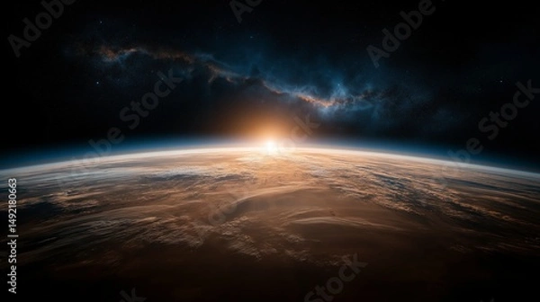 Obraz Celestial dawn breaks over a tranquil Earth, revealing a cosmic ballet of colors in the vastness of space Generative AI
