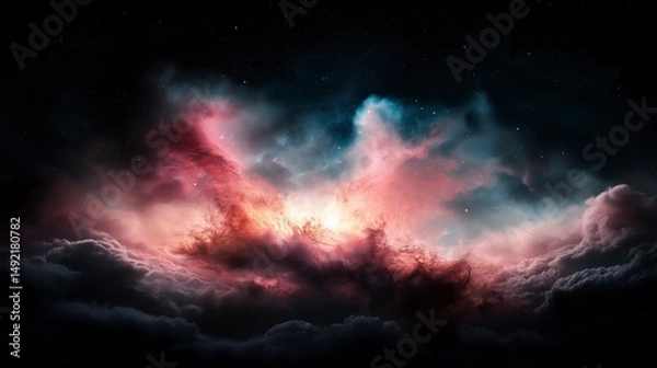 Obraz Vibrant cosmic nebula emerges in the vast night sky, showcasing colors of pink, blue, and deep indigo from light-years away Generative AI