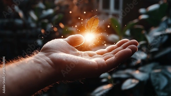 Obraz Capturing the magic of nature as a hand releases light and hope while surrounded by lush greenery during a serene afternoon Generative AI