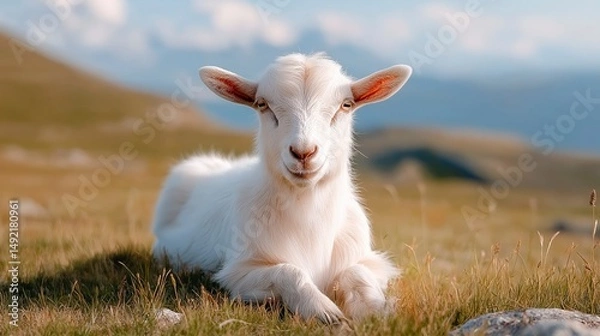 Obraz Cute white goat resting peacefully in lush green meadow during sunny afternoon with mountains in the background Generative AI