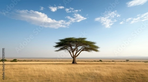 Obraz Vibrant acacia tree stands majestically in the golden savanna under a brilliant blue sky at dusk in Africa's wilderness Generative AI