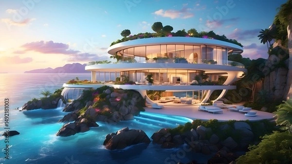 Fototapeta A radiant AI-controlled villa on a glowing island with vibrant self-sustaining ecosystems, Cinematic theme, HDR, Vibrant 
