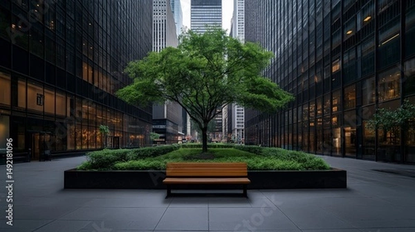Obraz Lush green tree stands proudly in an urban courtyard surrounded by towering skyscrapers during a sunny afternoon Generative AI