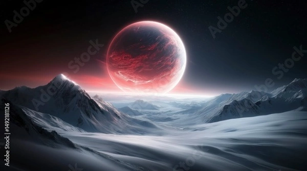 Obraz Majestic view of a crimson planet looming over a surreal icy landscape at twilight Generative AI