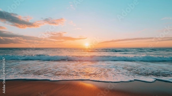 Obraz Sunset over the tranquil ocean creates a serene atmosphere at the beach as waves gently wash ashore in the evening light Generative AI