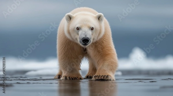 Obraz Majestic polar bear wanders along the icy shores under a dramatic cloudy sky Generative AI