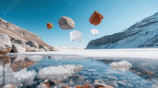 Obraz Floating stones create a surreal landscape over a frozen lake in a remote mountainous region during a bright winter day Generative AI