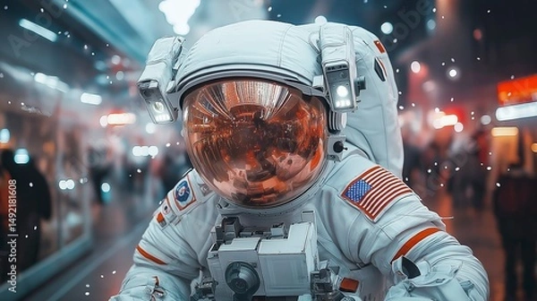 Obraz Astronaut explores a vibrant futuristic city illuminated by colorful lights at night, creating a unique contrast of space and urban life Generative AI
