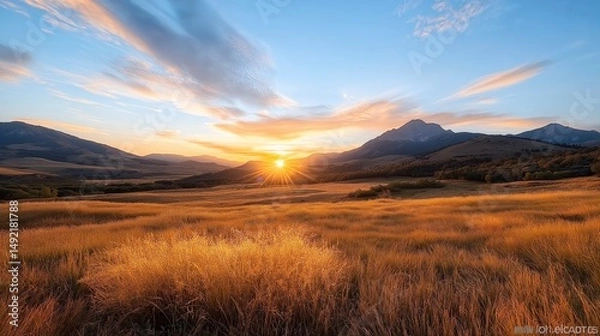 Obraz Majestic sunset illuminates rolling hills and golden grassland in a serene mountain landscape Generative AI