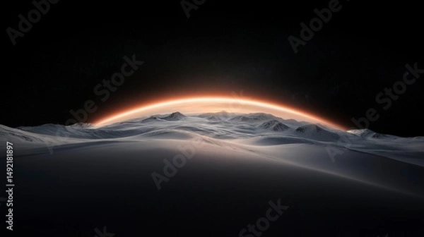 Obraz Majestic sunrise over an alien landscape with smooth snowdrifts and distant mountains under a cosmos filled with stars Generative AI