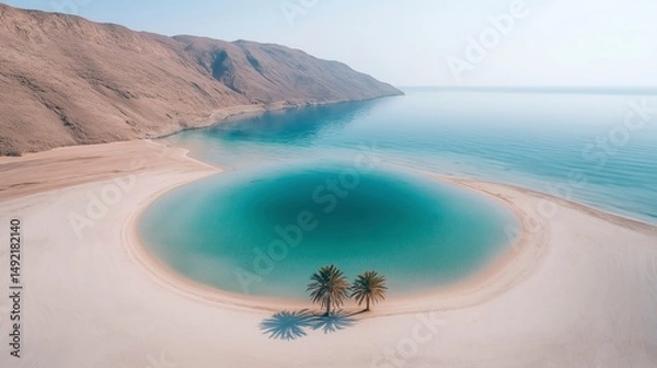 Obraz Inviting turquoise waters embrace a serene coastline lined with palm trees and majestic mountains in a tranquil setting Generative AI