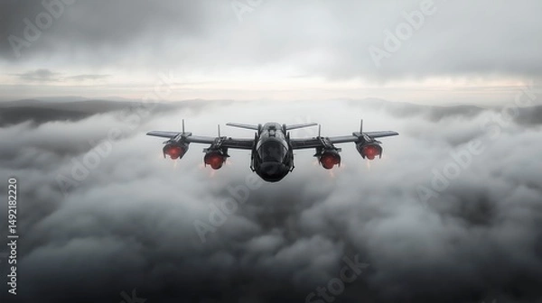 Obraz Military aircraft soaring above dense clouds during a dramatic sky at twilight, showcasing powerful jet engines in action Generative AI