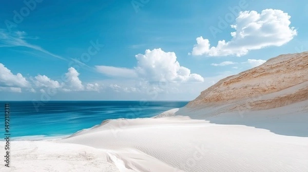 Obraz Serene coastal landscape reveals pristine sand dunes and vibrant blue ocean under a bright sky filled with picturesque clouds Generative AI