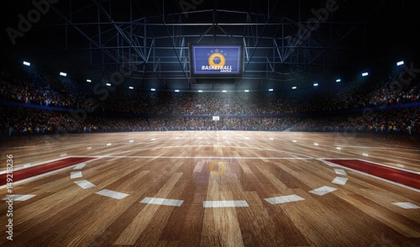 Fototapeta Profesjonalna arena do koszykówki w światłach z fanami renderowania 3d