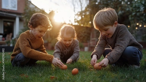 Obraz Children joyfully hunt for colorful eggs in a sunlit garden during a vibrant spring afternoon Generative AI