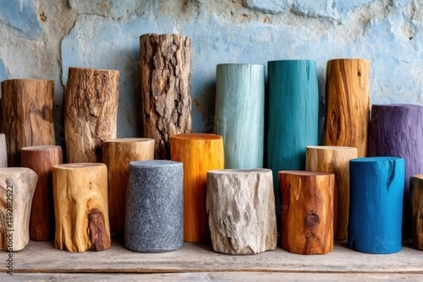 Fototapeta Collection of handcrafted wooden sculptures in various colors and natural finishes displayed against a rustic wall