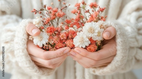 Obraz Hands delicately holding vibrant flowers radiating beauty and warmth on a cozy day in a serene setting Generative AI