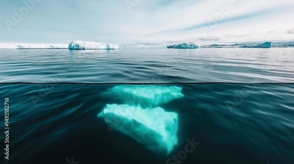 Obraz Glistening iceberg emerges from deep blue waters under a clear sky in a serene Arctic landscape during midday Generative AI