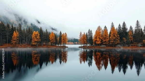 Obraz Enchanting autumn reflections in a serene lake surrounded by golden trees and misty mountains at dawn Generative AI