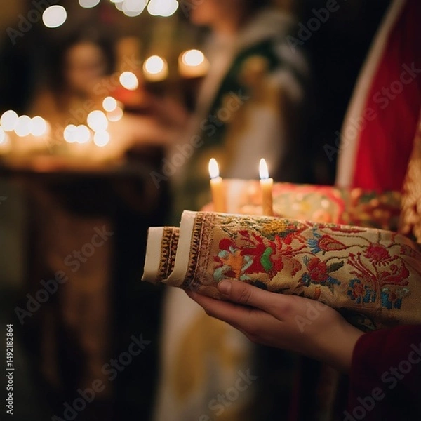 Obraz Ceremonial gathering in a dimly lit sanctuary with candles and vibrant textiles held by participants Generative AI